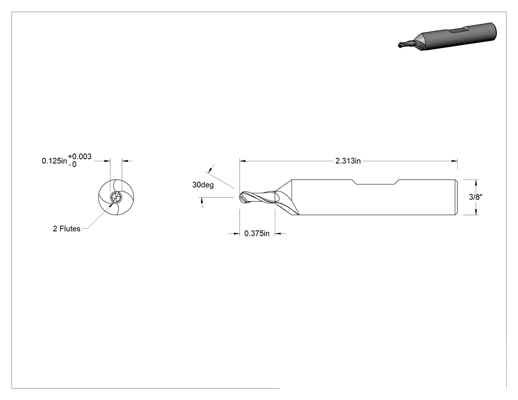 Teknik Çizim - Kaplamasız Yüksek Hızlı Çelik Küresel Freze, 2 Yiv, 1/8" Freze Çapı, 2-5/16" Toplam Uzunluk