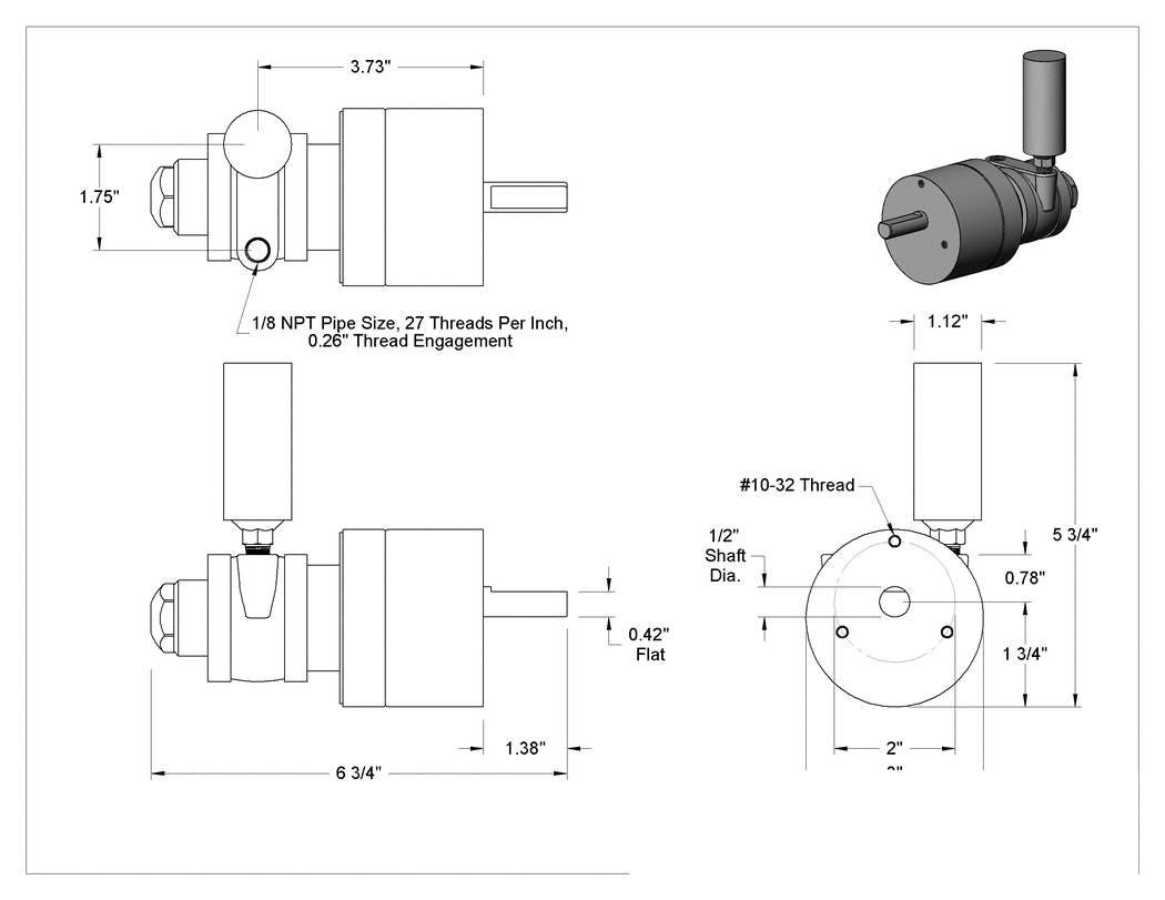 Teknik Çizim - Kompakt Pnömatik Dişli Motor, Yüz Montajı, 0.34 hp ve 62 inç-lbs. 350 Maksimum rpm'de