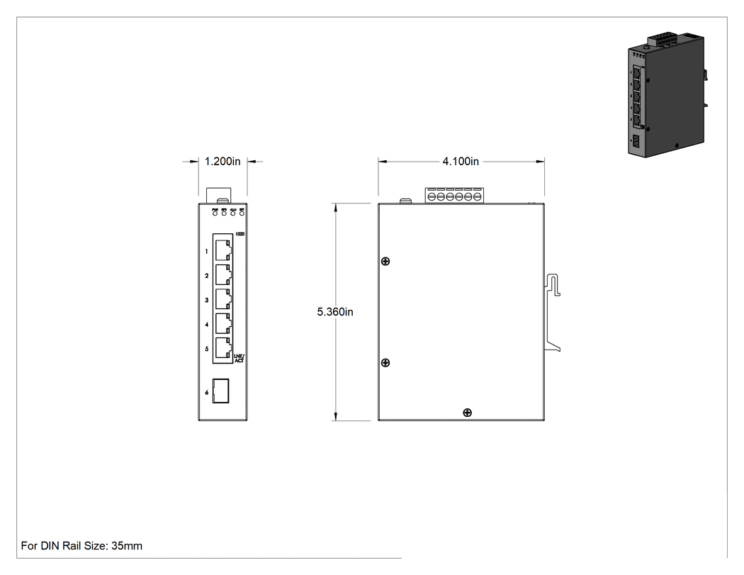 Teknik Çizim - Cihaz Öncelikli Ethernet Anahtarı, 1 Sfp Soketi ve 5 RJ45 Soketli, DIN Rayı Montajı