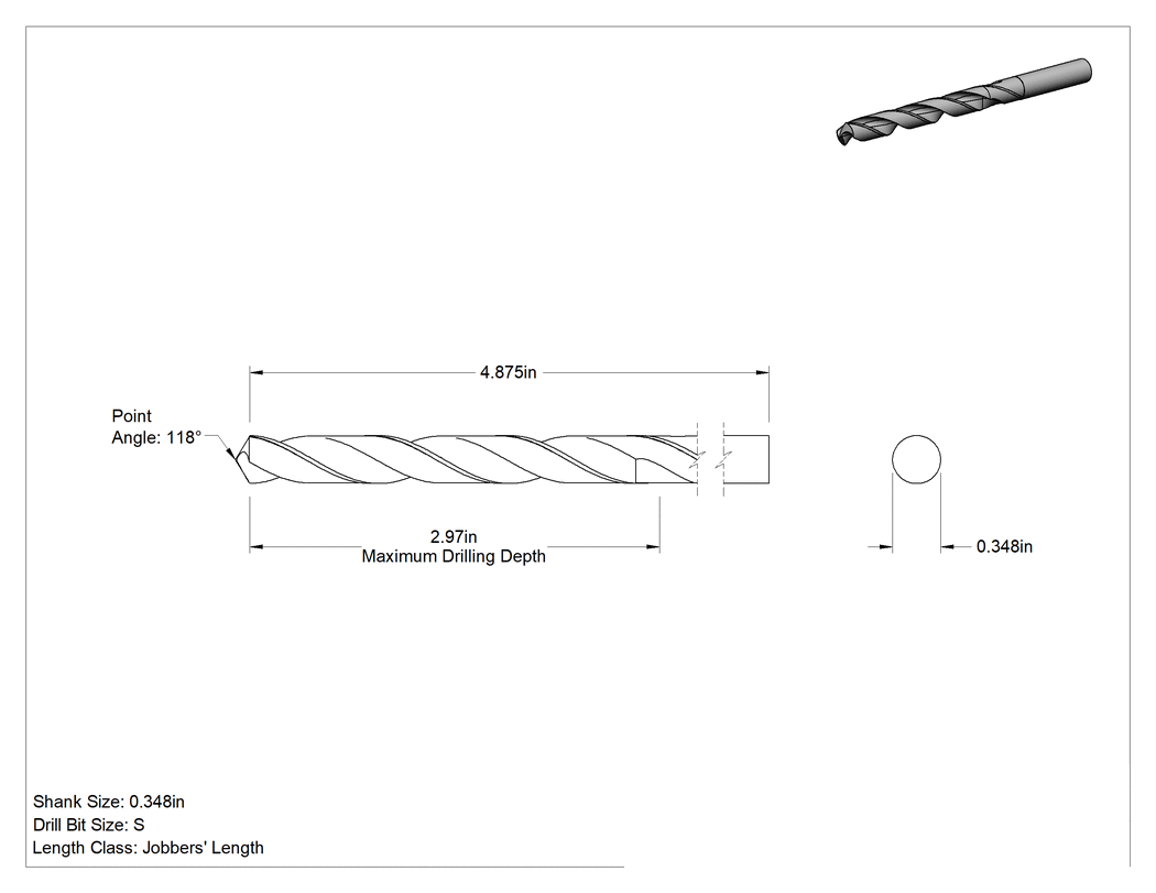 Teknik Çizim - Kaplamasız Yüksek Hız Çeliği Matkap Ucu, Jobber, S Uç Ölçüsü, 4-7/8" Toplam Uzunluk
