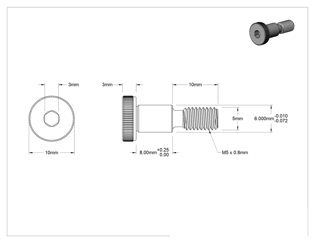 Teknik Çizim - Düşük Profilli Omuzlu Vida, 6 mm Omuz Çapı, 8 mm Omuz Uzunluğu, M5 x 0.8 mm Diş