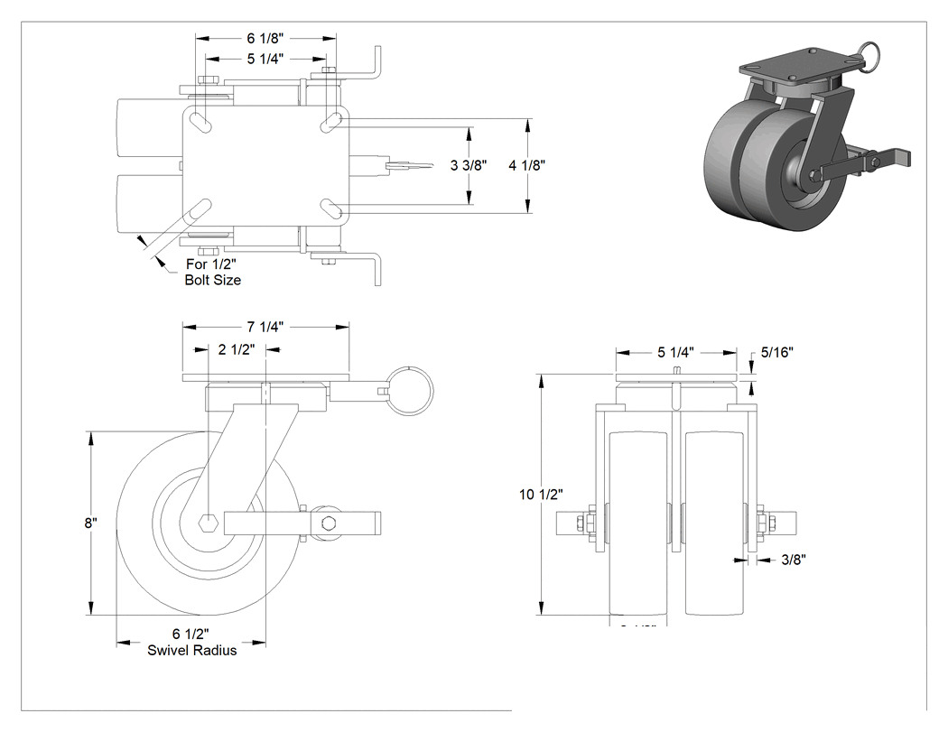 Teknik Çizim - 7-1/4" x 5-1/4" Plakalı Stronghart Tekerlek, Ekstra Yüksek Kapasiteli, Kilitli ve 8" Çapında Fenolik Tekerlekli Döner Tekerlek