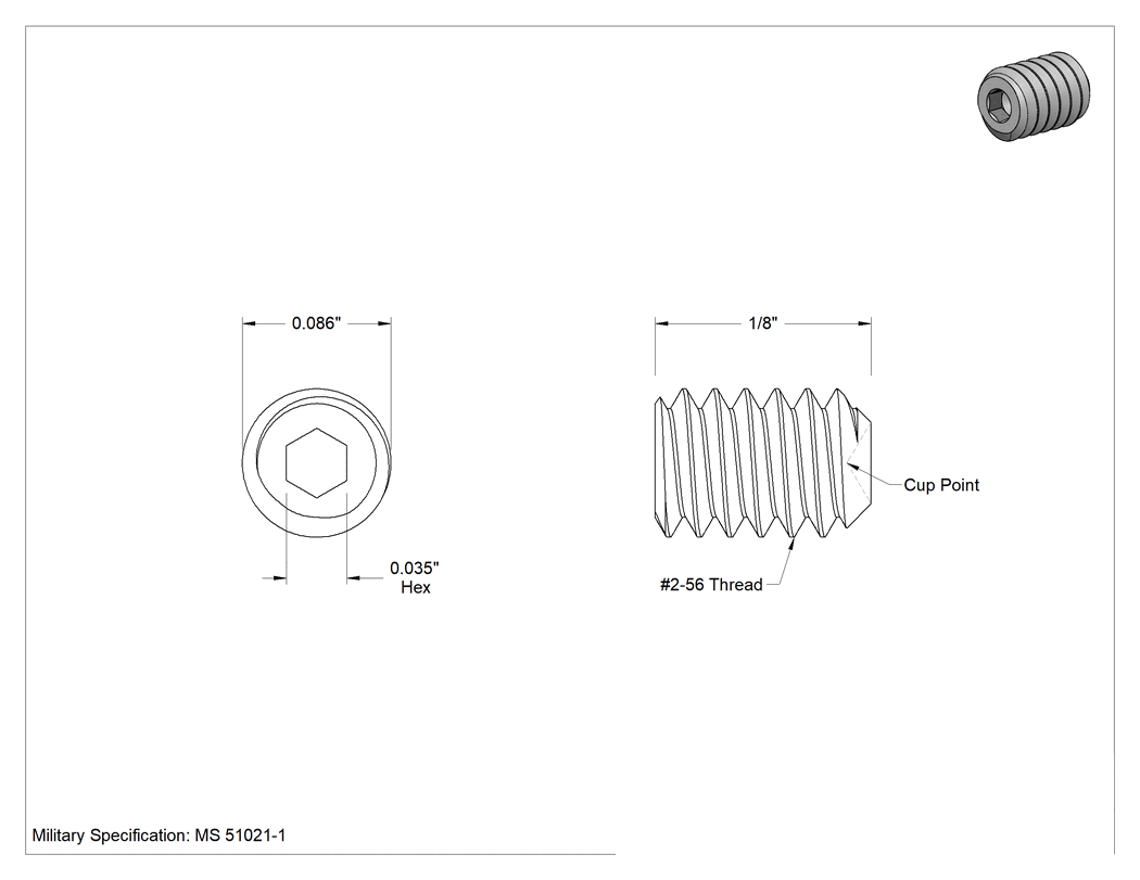 Teknik Çizim - Mil. Spec. 18-8 Paslanmaz Çelik Çukur Uçlu Setskur, 2-56 Diş, 1/8" Uzunluk
