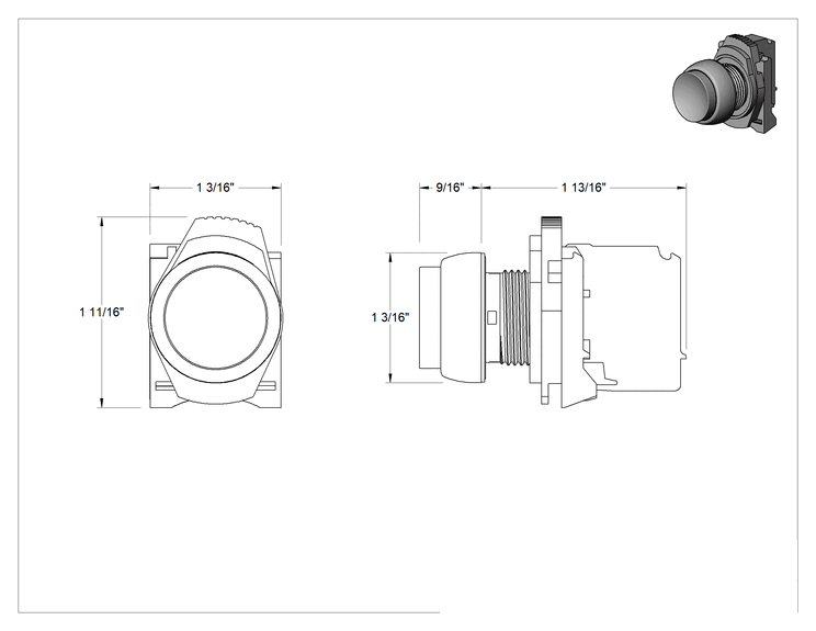 Teknik Çizim - Metal 22 mm Panel Montajlı Basmalı Düğme Anahtarı, Çıkıntılı, Anlık, SPST-NO, Dikey Hat, Beyaz