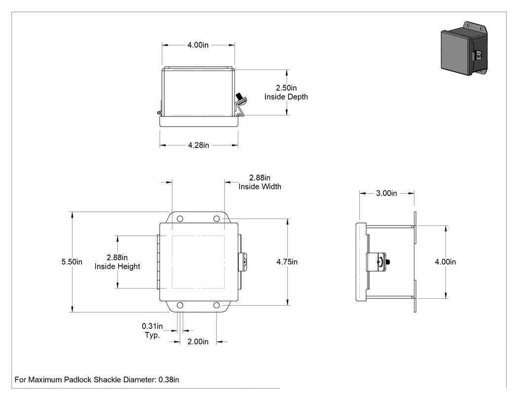 Teknik Çizim - Menteşeli Kapaklı Toz Boyalı Çelik Muhafaza, Su Geçirmez, Vidalı Kelepçe, 4" x 4" x 3"
