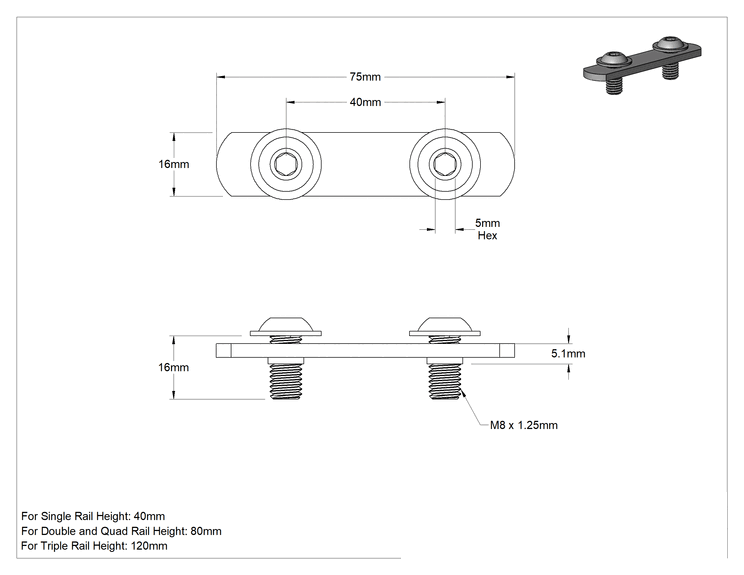 Teknik Çizim - T-Yivli Çerçeve, Çift Somun ve M8 Flanşlı Düğme Başlı, 1.5 inç ve 40 mm Ray