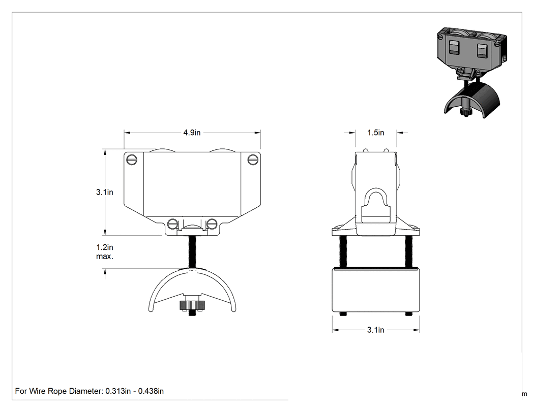 Teknik Çizim - 40 lb. Kapasiteli Düz Kablo ve Tel Halatlı Seyahat Vinç Kablo Taşıyıcısı Sistemi için Taşıyıcı