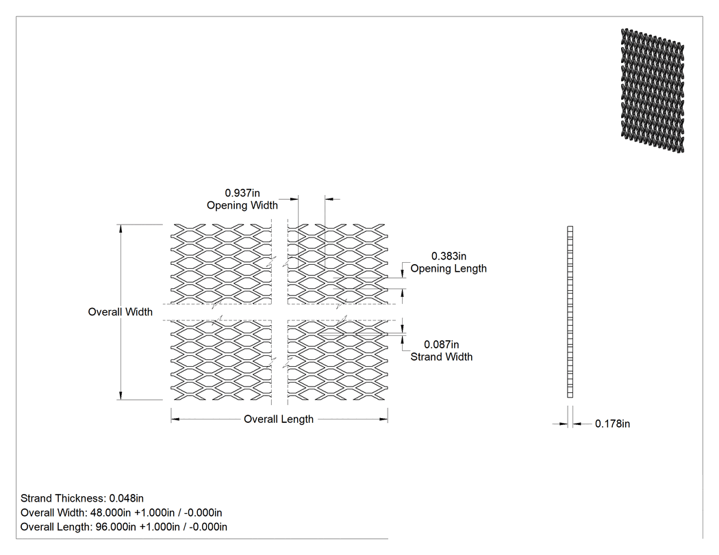 Teknik Çizim - 304 Paslanmaz Çelik Genişletilmiş Panel, Yükseltilmiş, 48" x 96" x 0.178" Toplam, 0.05 inç Tel Kalınlığı