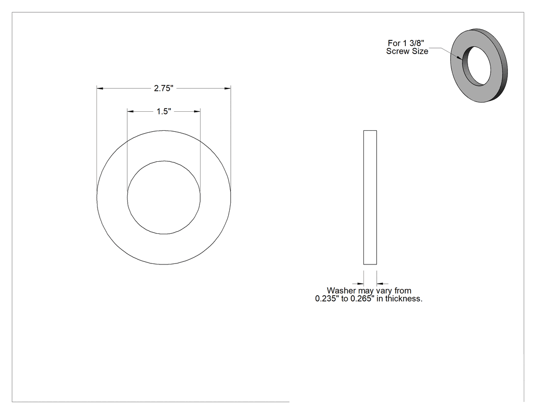 Teknik Çizim - Siyah Oksit Çelik Pul, Büyük Boy, 1-3/8" Vida Boyutu için, 1.500" İç Çap, 2.750" Dış Çap