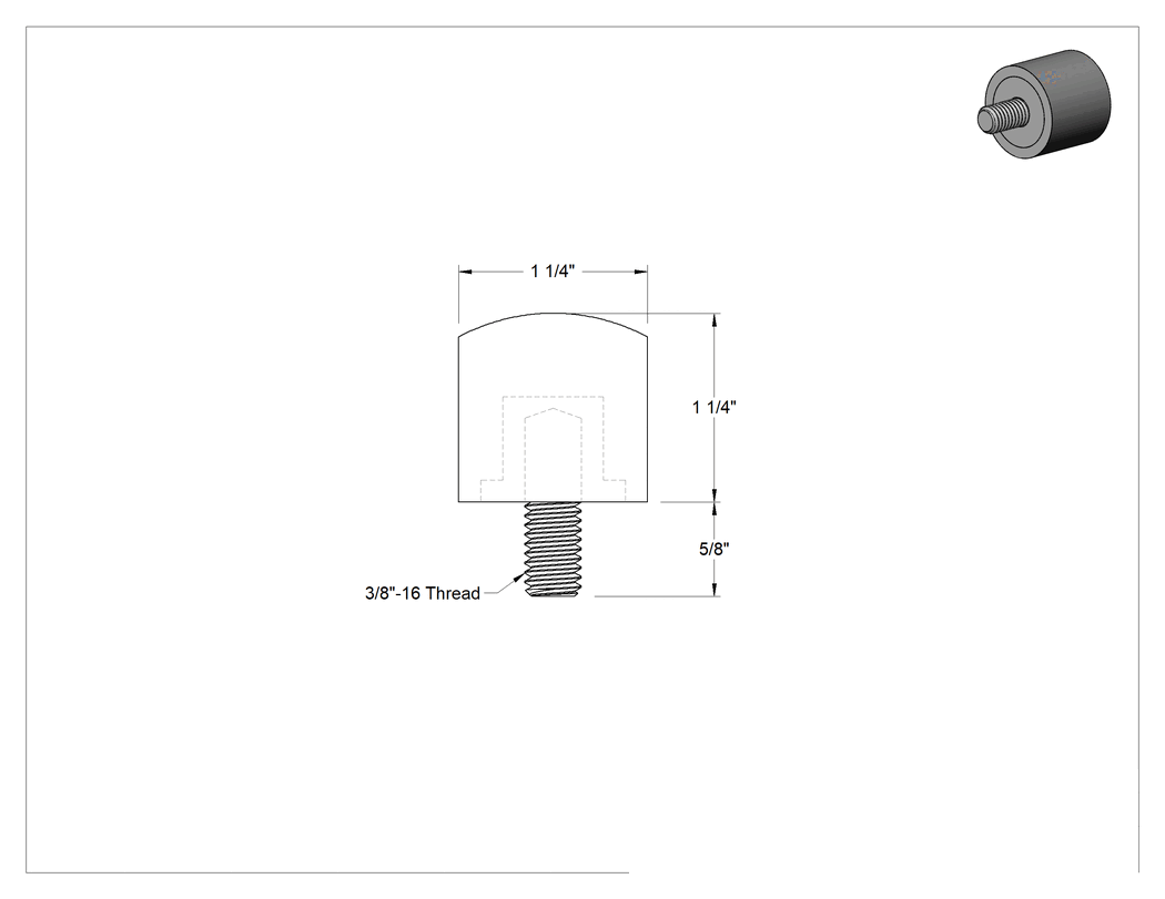 Teknik Çizim - Poliüretan Kauçuk Dişli Tampon, Çelik Çekirdekli Güçlendirilmiş, 5/8" Uzunlukta 3/8"-16 Saplama, Durometre 40A