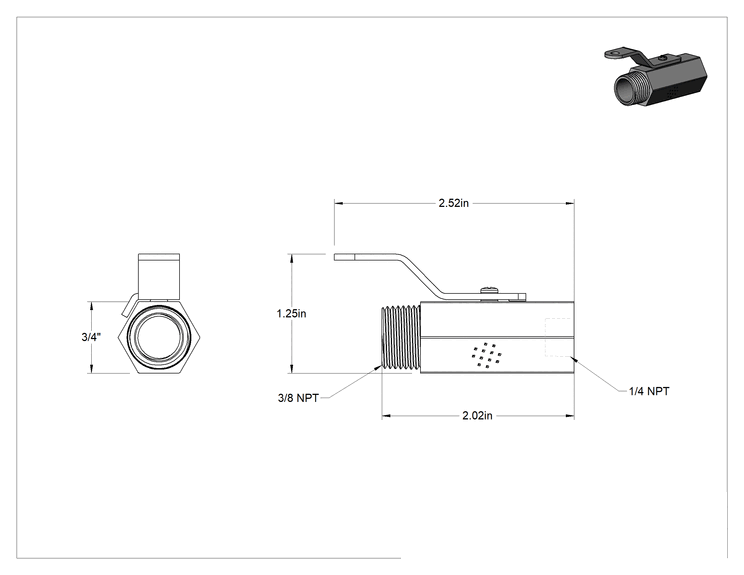 Teknik Çizim - Yüksek Basınçlı Kompakt Dişli Açma/Kapama Valfi, Kısa Kol Tutacaklı, 1/4 NPT Dişi x 3/8 NPT Erkek