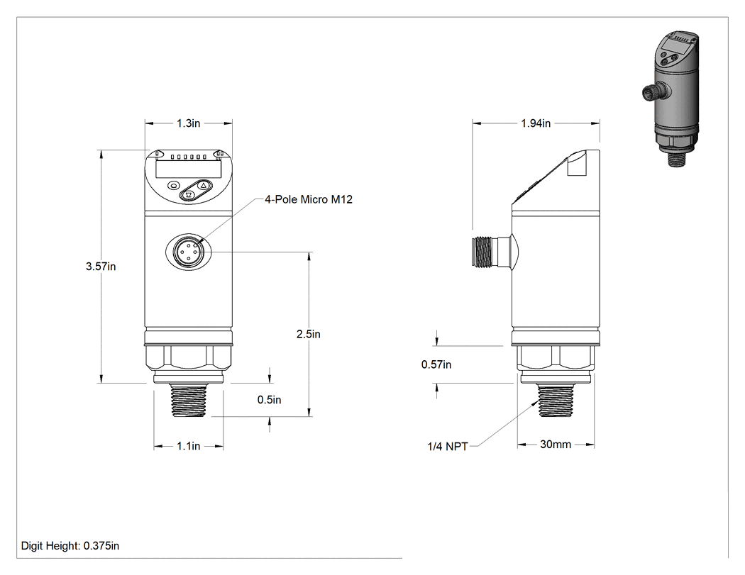 Teknik Çizim - Elektronik Basınç Şalteri, Dijital Ekranlı, Çift Ayar Noktası, 0-14 PSI