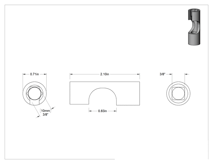 Teknik Çizim - Açık Uçlu 6 Noktalı Soket, 3/8" Kare Tahrik, 10 mm Tahrik Boyutu