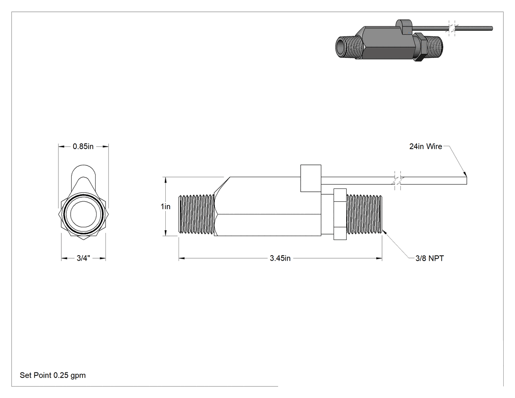 Teknik Çizim - Sabit Ayarlı Yüksek Basınçlı Akış Anahtarı, Düz, 3/8 NPT Erkek, Paslanmaz Çelik Gövde, 0.25 gpm Ayar Noktası