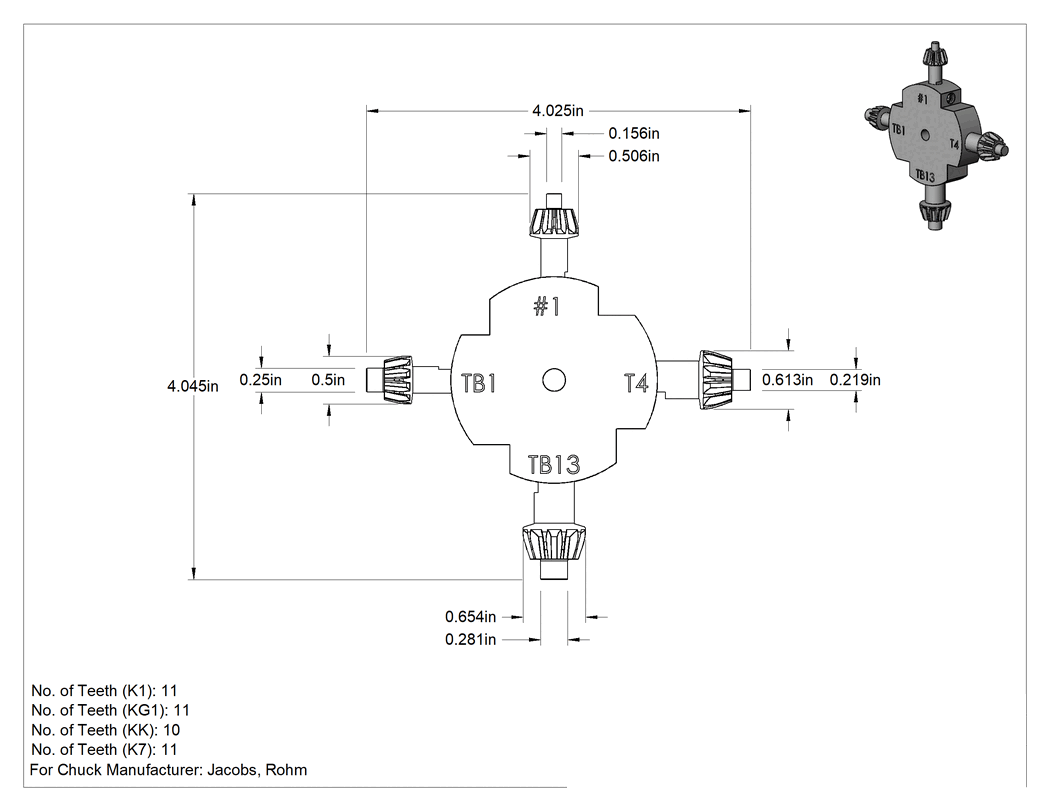 Teknik Çizim - Değiştirilebilir Çok Boyutlu Matkap Mandren Anahtarları, 4-3/8" Anahtar Uzunluğu