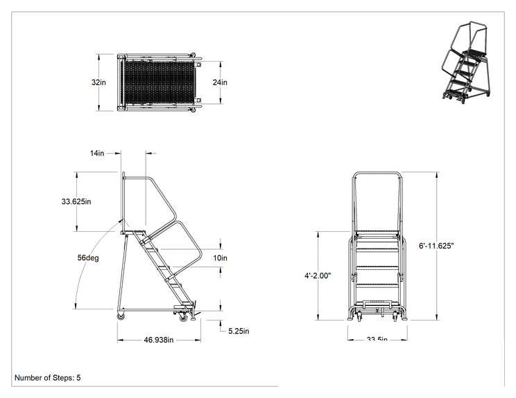 Teknik Çizim - Montajlanmamış Tırtıklı Platformlu Tekerlekli Merdiven, 5 Basamaklı, 4 fit 2 inç Yükseklik x 14 inç Derinlik Platform, 6'11" Toplam Yükseklik