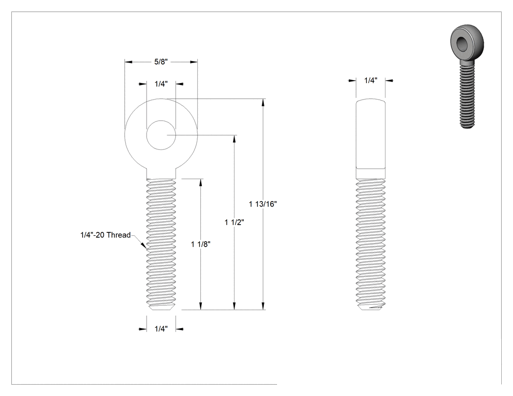 Teknik Çizim - Tam Gijon Ucu Cıvatası, Sağ Yönlü 1/4"-20 Şaft, 1-1/2" Şaft Merkez Uzunluğu