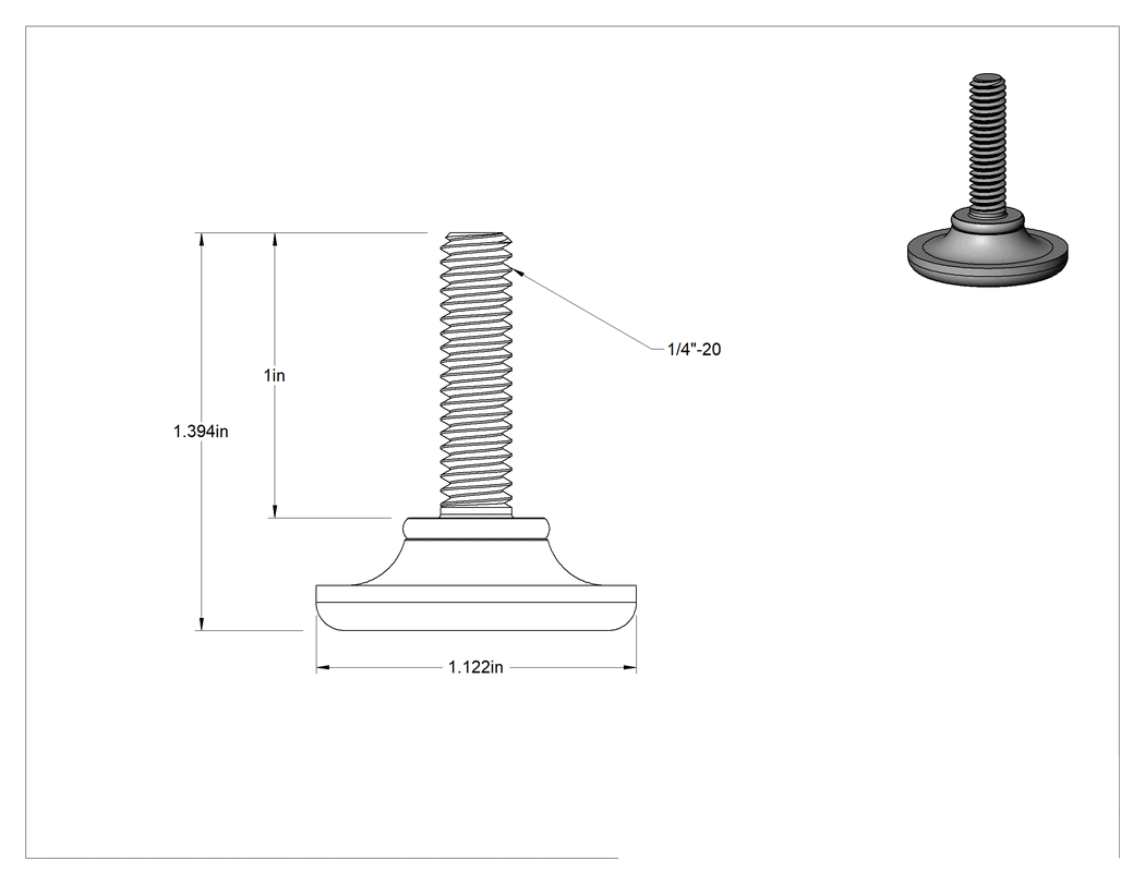 Teknik Çizim - 1" Uzunlukta 1/4"-20 Çinko Kaplı Çelik Saplamalı Plastik Ayaklar