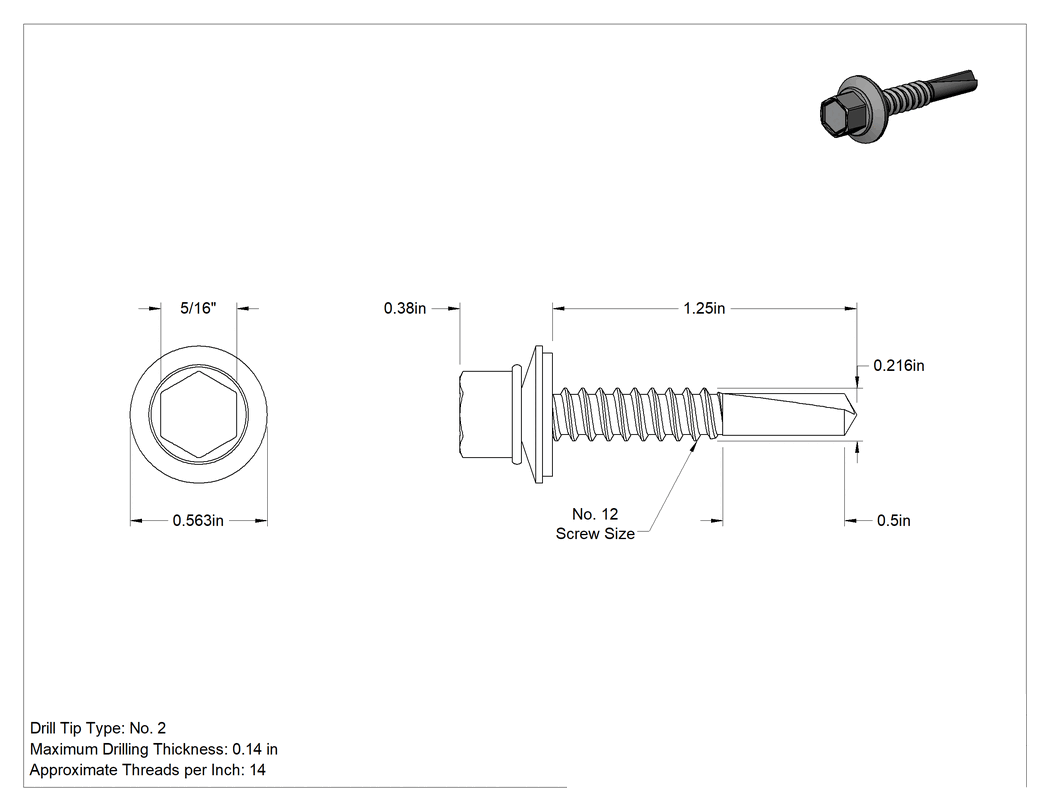 Teknik Çizim - Metal için Pullu Delme Vidaları, Paslanma ve Aşınmaya Dayanıklı Çelik, 12 Numaralı, 1.25" Uzunluk, 2 Numara Matkap Ucu