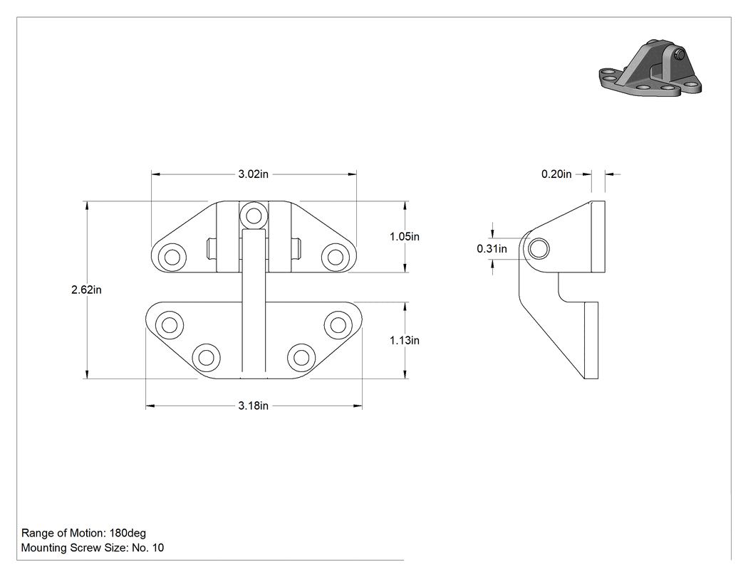 Teknik Çizim - Pim Serbest Bırakmalı Hızlı Bağlantı Menteşesi, Krom Kaplı Pirinç, 3-3/16" x 1-1/16" Kapı Kanadı