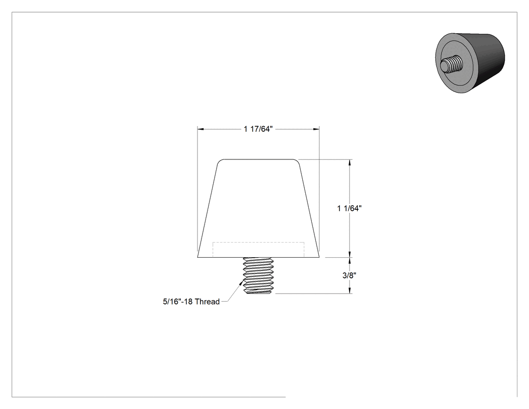 Teknik Çizim - Yük Kapasiteli Güçlendirilmiş Buna-N Dişli Tampon, Çelik Taban Plakası ve 3/8" Uzun 5/16"-18 Saplama, 200 lbs. Maksimum