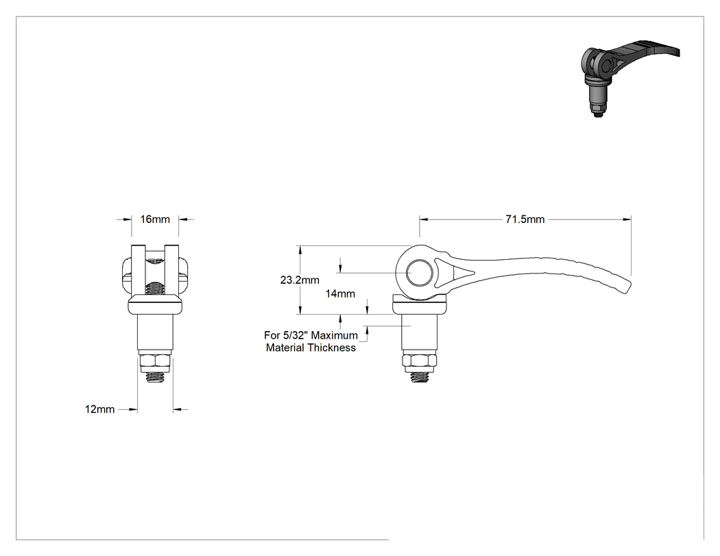 Teknik Çizim - Kelepçeleme Kolu, 12 mm Çaplı Dişsiz Delik için