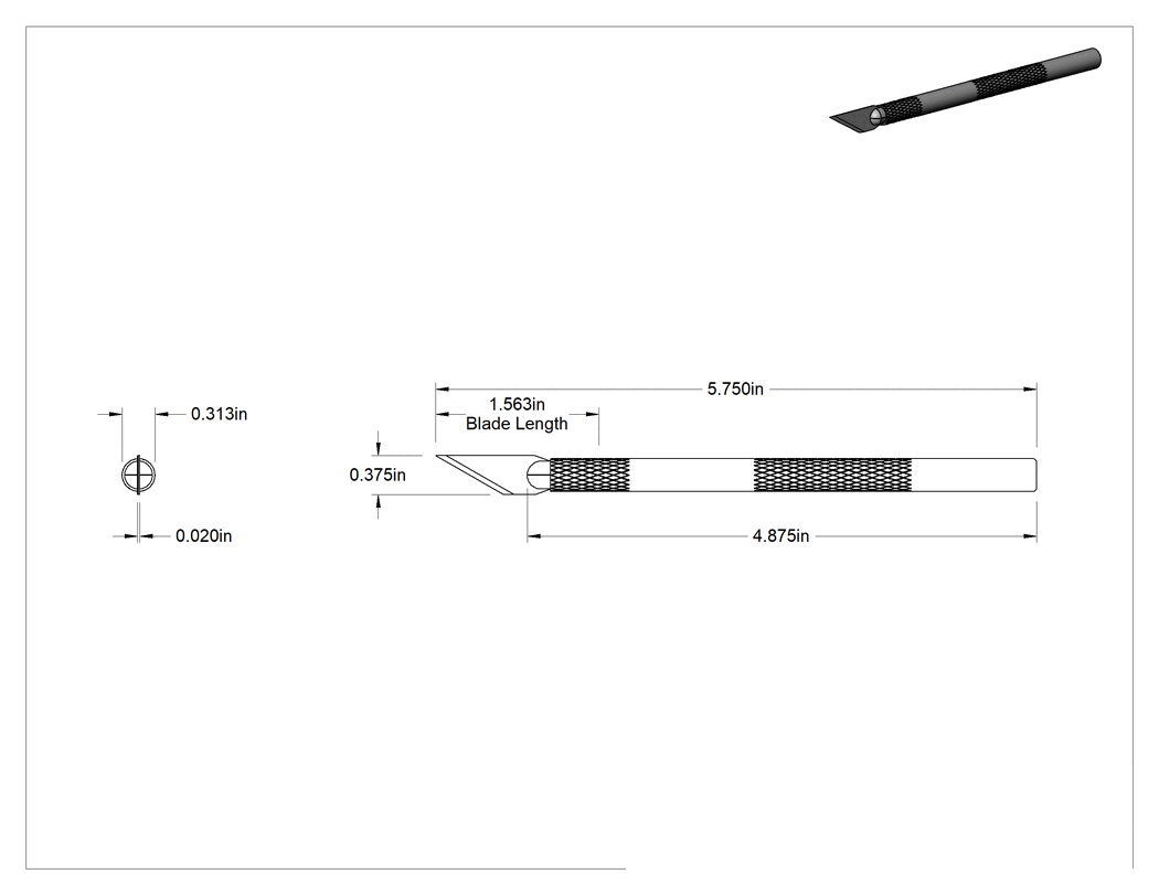 Teknik Çizim - Hassas Bıçak, 1-9/16" Uzunluk x 3/8" Genişlik x 0.02" Kalınlıkta Çelik Bıçaklı