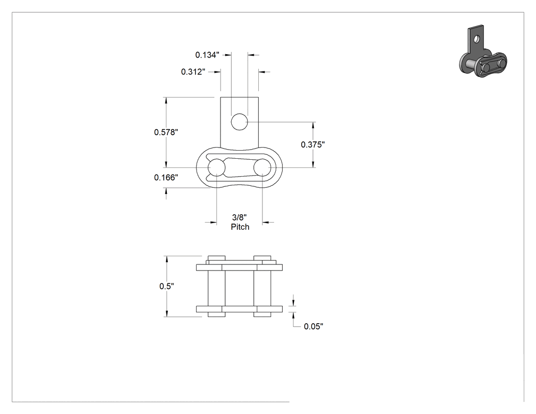 Teknik Çizim - Bağlantı Makaralı Zincir Halkası, ANSI 35 Numaralı Zincir için SA-1 Tırnaklı Bağlantı Halkası