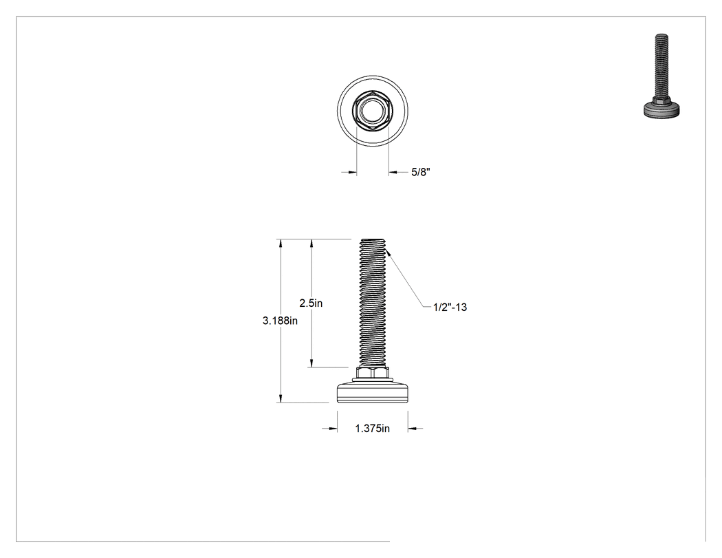 Teknik Çizim - Çinko Kaplı Çelik Saplamalı Sert Tesviye Bağlantı Elemanları, Nikel Kaplı Taban, Naylon Yastık, 1/2"-13 x 2.5" Uzunluğunda Diş