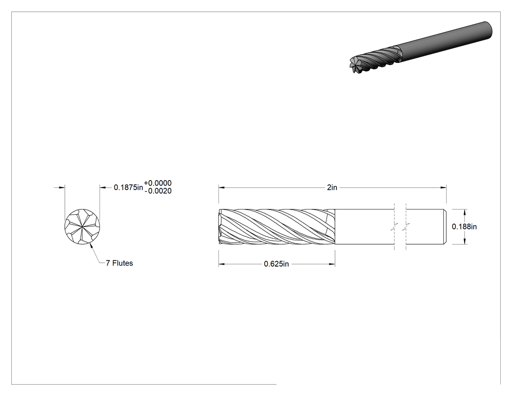 Teknik Çizim - TiAlN Kaplamalı Karbür Kare Uçlu Freze, 7 Yiv, 3/16" Freze Çapı, 5/8" Kesme Uzunluğu, 2" Toplam Uzunluk