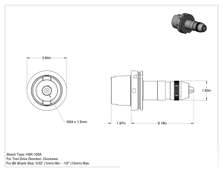 Teknik Çizim - Hsk Konik Entegre Mil ile Matkap Mandreni, Anahtarsız, Hsk-100A Şaft, 3/32"-1/2" Uç Şaft Boyutu için