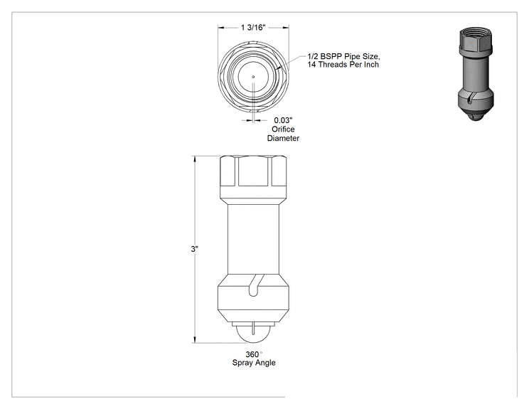 Teknik Çizim - PVDF Dönen Tank Yıkama Nozulu, 1/2 BSPP Dişi