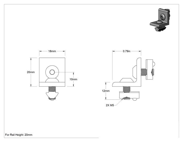 Teknik Çizim - T-Yivli Çerçeve, 20 mm Yüksekliğinde Tek Raylı Köşe Braketi, 3/4" Uzunluk, Siyah
