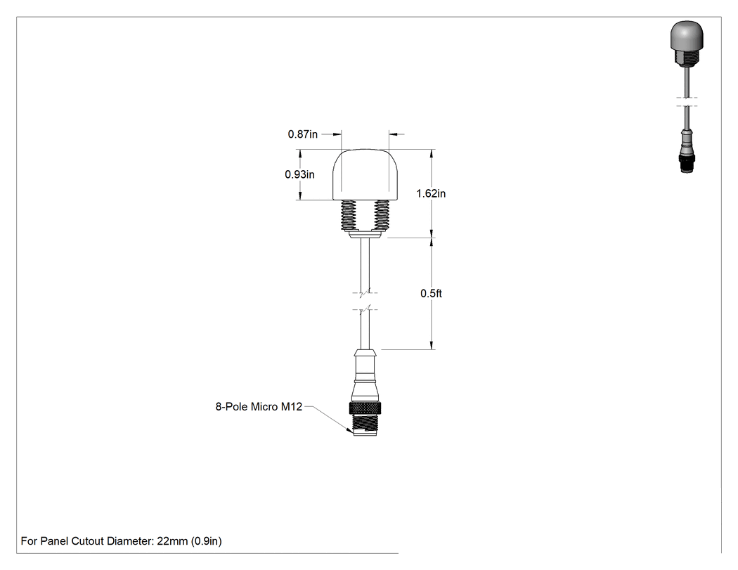 Teknik Çizim - Parmak Dokunmalı Anahtar, Polikarbonat Taban, 22 mm Kesik, 15/16" Yükseklik, Anlık