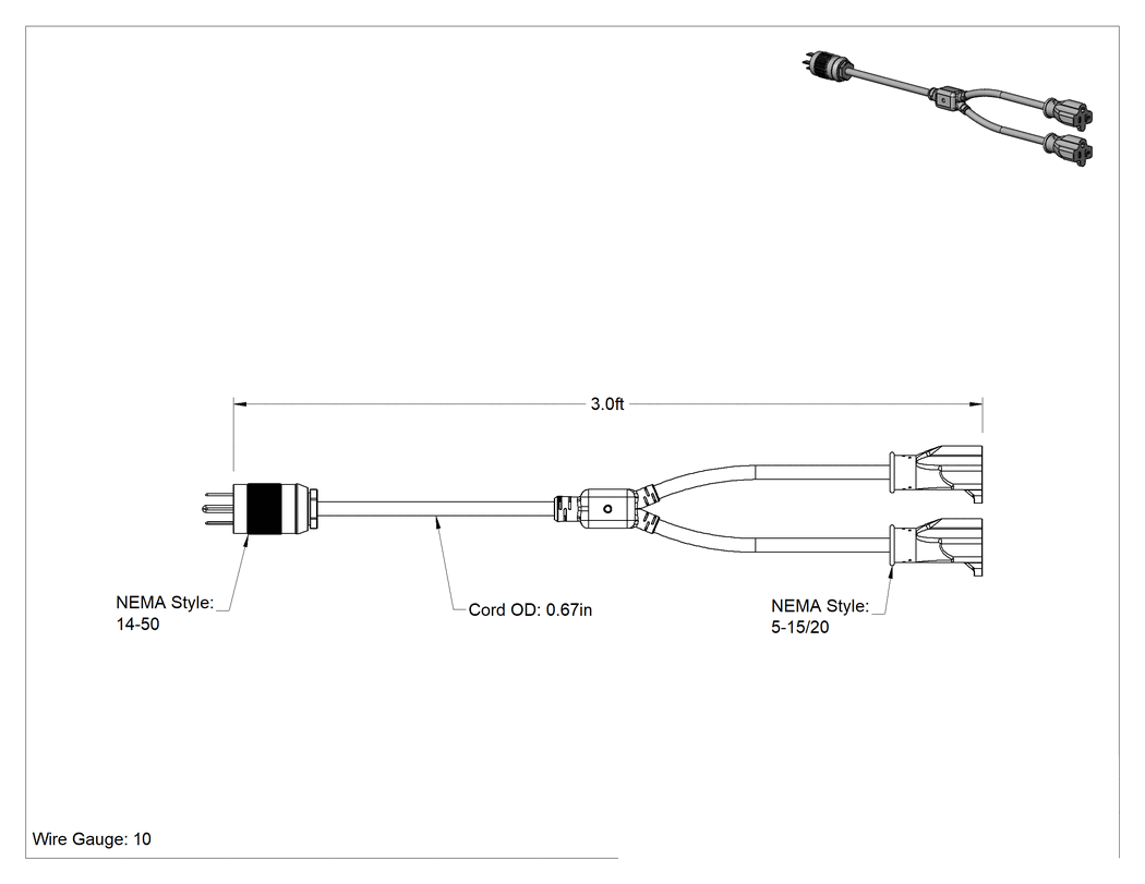 Teknik Çizim - NEMA 14-50 Fiş x NEMA 5-15/5-20 Soket Adaptörü