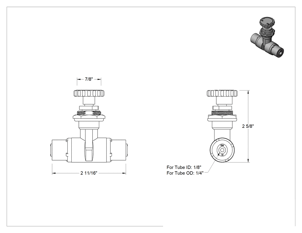 Teknik Çizim - Gıda ve İçecek Hassas Akış Ayar Valfi, 1/8" İç Çap ve 1/4" Dış Çap Borular için Basmalı Bağlantı Parçaları