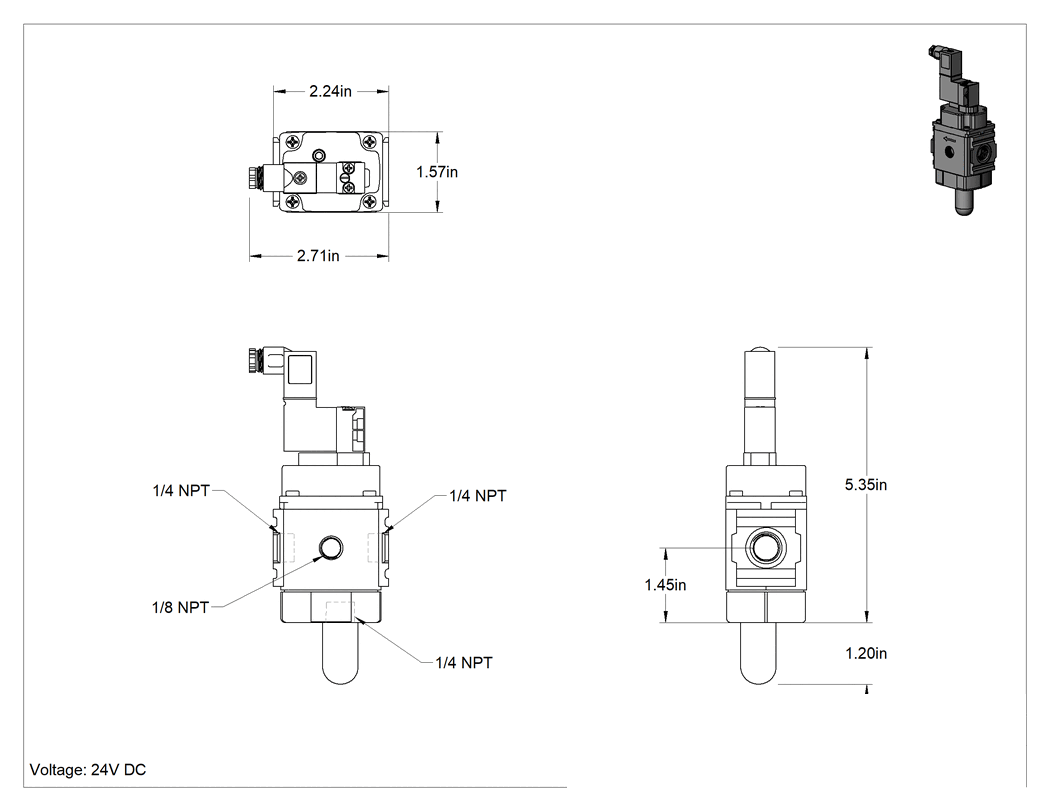 Teknik Çizim - Yavaş Başlangıçlı Hava Tahliye Valfi, Parker P31T Modüler Basınçlı Hava FRL için, 24V DC