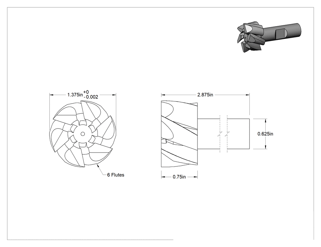 Teknik Çizim - Kaplamasız Kare Uçlu Freze, Yüksek Hızlı Çelik, 6 Yivli, 1-3/8" Freze Çapı, 2-7/8" Toplam Uzunluk