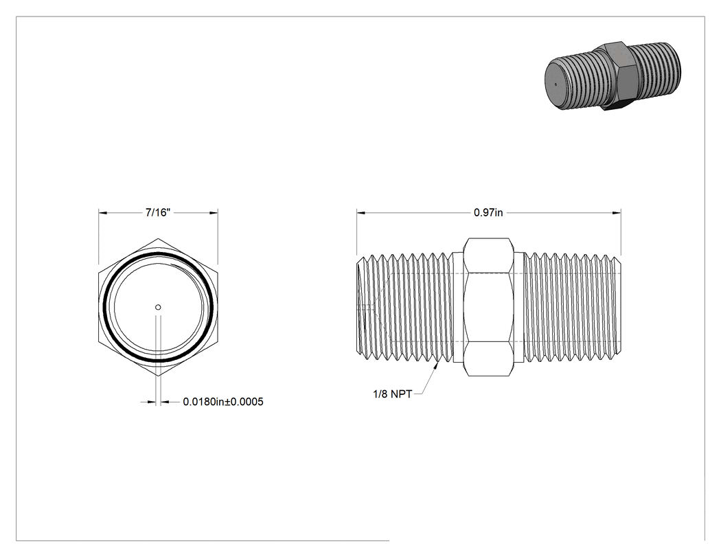 Teknik Çizim - 303 Paslanmaz Çelik Gövdeli Dişli Delikli Vana, Konektör, 1/8 NPT Erkek x Erkek, 0.018 inç Delik Çapı
