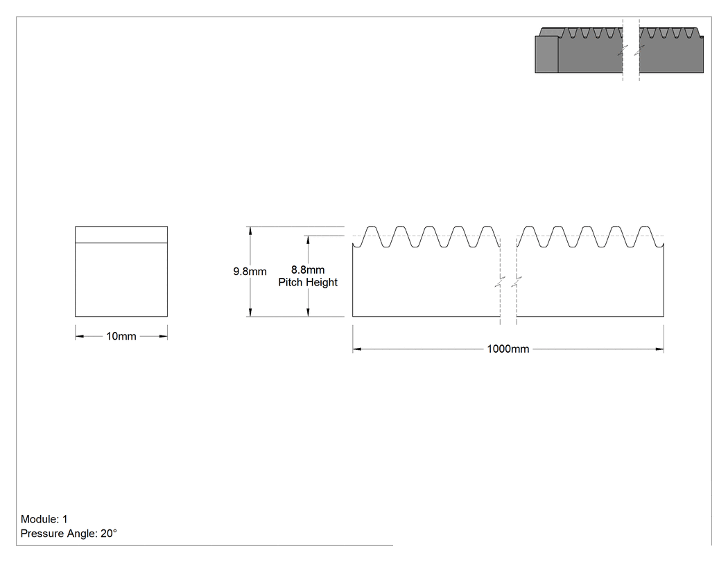 Teknik Çizim - Metal Kremayer - 20 Derece Basınç Açısı, Dikdörtgen, 1 Modül, 1000 mm Uzunluk