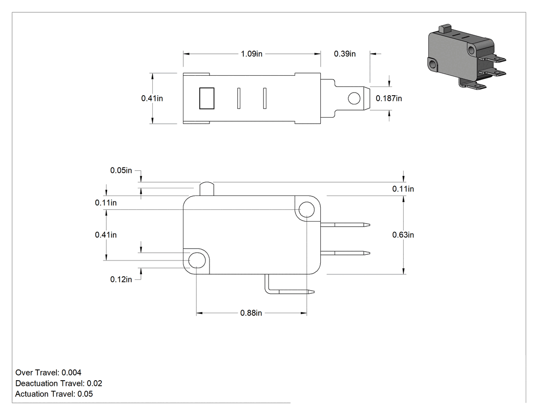 Teknik Çizim - Minyatür Anında Çalışan Anahtar, Pistonlu Aktüatör, Faston Terminaller, SPDT, 250VAC/125VDC
