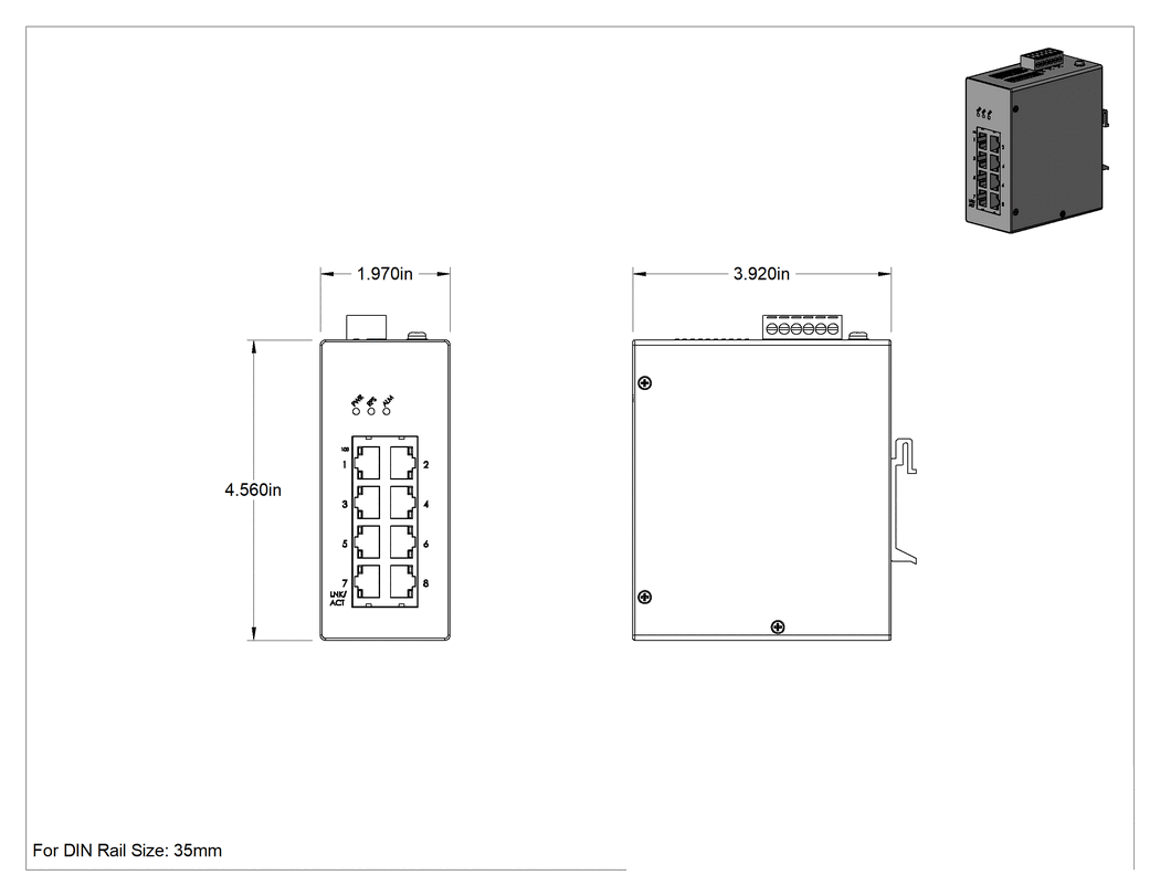 Teknik Çizim - DIN Ray Montajlı Ethernet Anahtarı, 8 RJ45 Ports, Metal Muhafaza