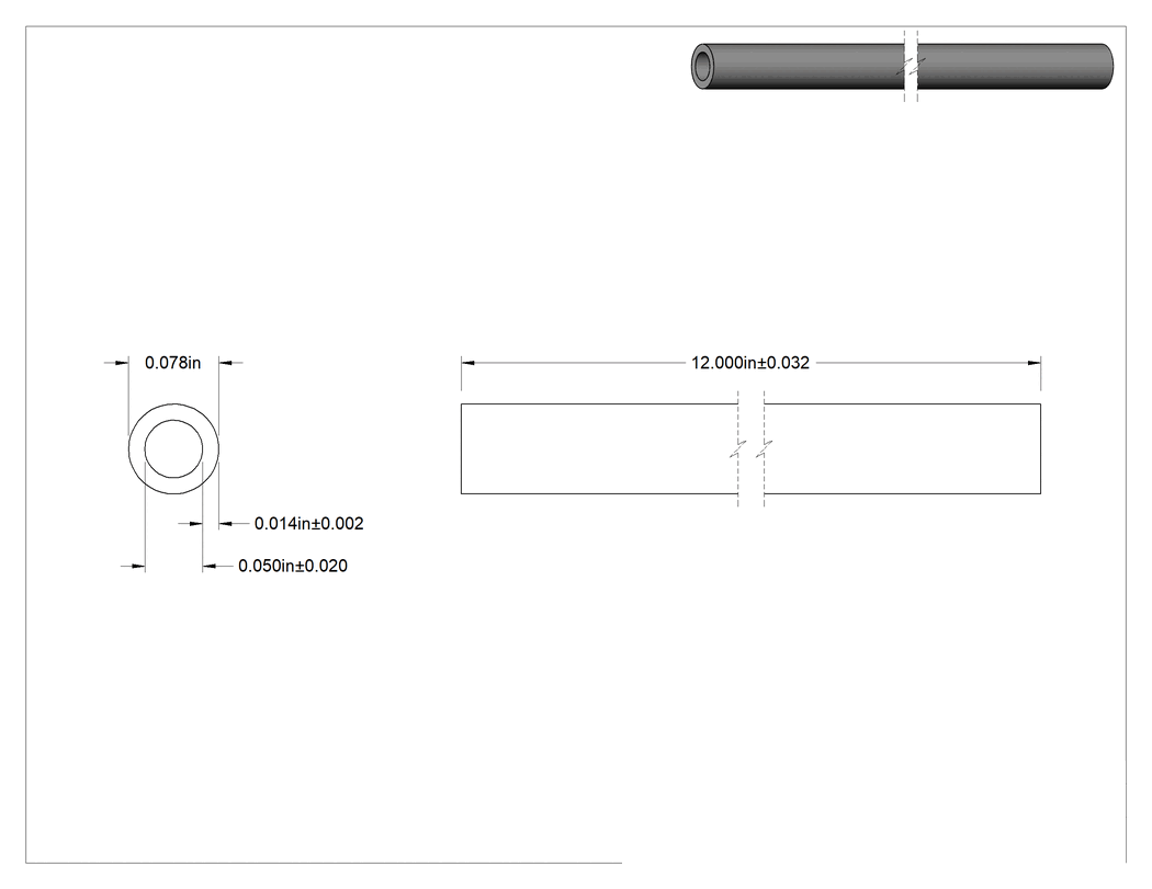 Teknik Çizim - Paslanma ve Aşınmaya Dayanıklı 3003 Alüminyum Boru, 0.014 inç Duvar Kalınlığı, 5/64" Dış Çap, 1 Fit Uzunluğunda