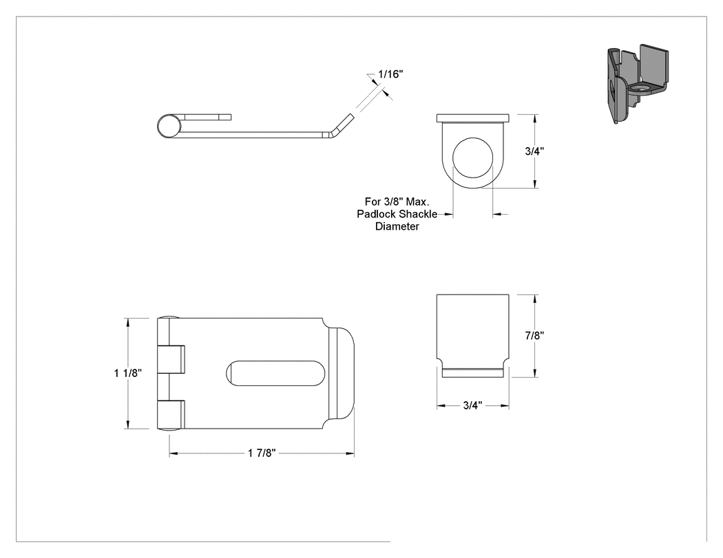 Teknik Çizim - Çelik Asma Kilitli Mandal, 1-7/8" x 1-1/8" x 1/16" Kol