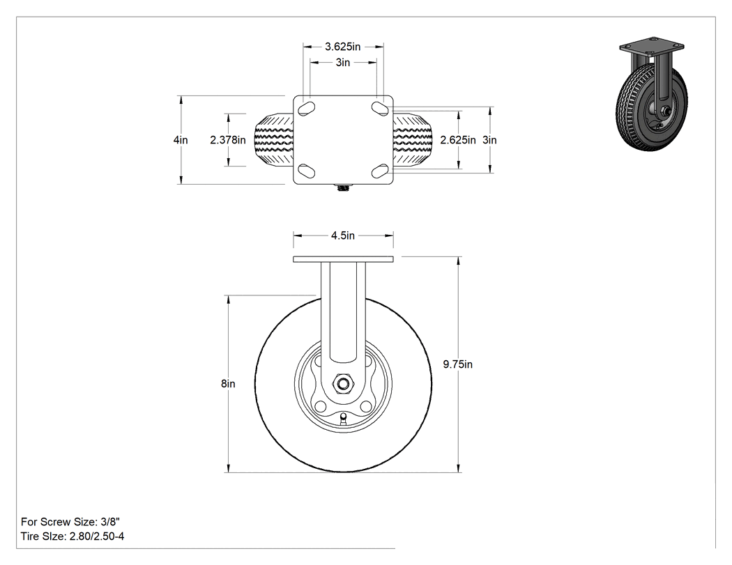 Teknik Çizim - Rigid 8" Çap x 2-3/8" Genişlikte Kauçuk Tekerlekli