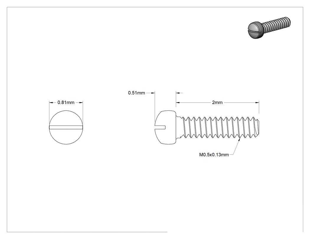 Teknik Çizim - 18-8 Paslanmaz Çelik Peynir Başlı Oluklu Vida, M0.5 x 0.13 mm Diş Boyutu, 2 mm Uzunluk