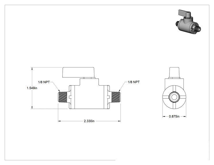 Teknik Çizim - Siyah Naylon Açma/Kapama Vanası, Kompakt, 1/8 NPT Erkek x 1/8 NPT Erkek, 1.5 Cv