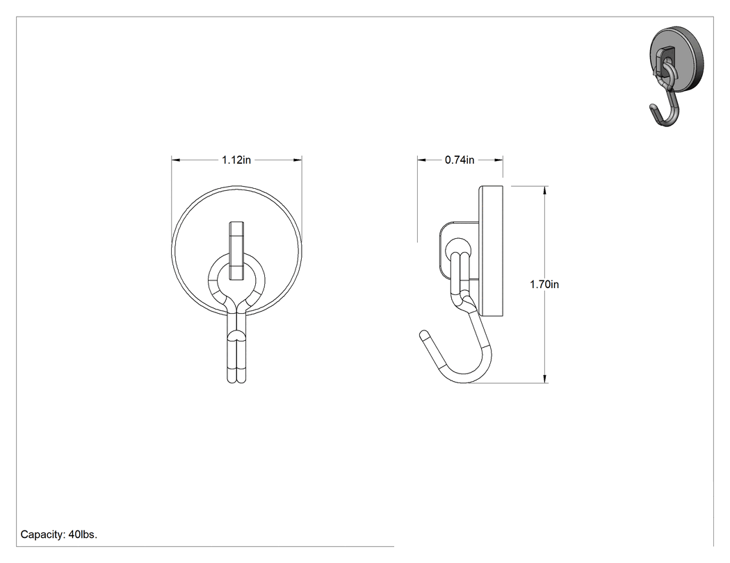 Teknik Çizim - Manyetik Arka Asma Kancası, Duvar ve Alt Montaj, 1-1/8" Genişlik x 1-3/4" Yükseklik x 3/4" Derinlik