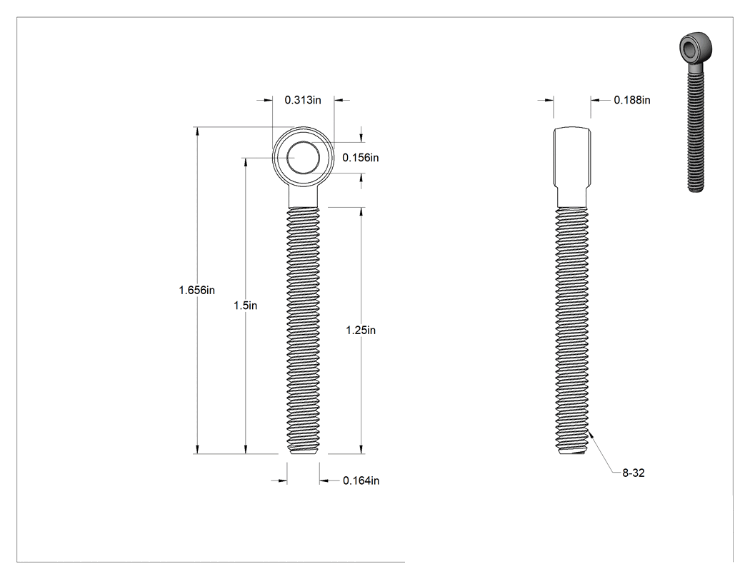Teknik Çizim - Paslanma ve Aşınmaya Dayanıklı Tam Gijon Ucu Cıvatası, Sağ Yönlü, 17-4 PH Paslanmaz Çelik, 8-32 Diş Boyutu, 1-1/2" Merkez Uzunluğu
