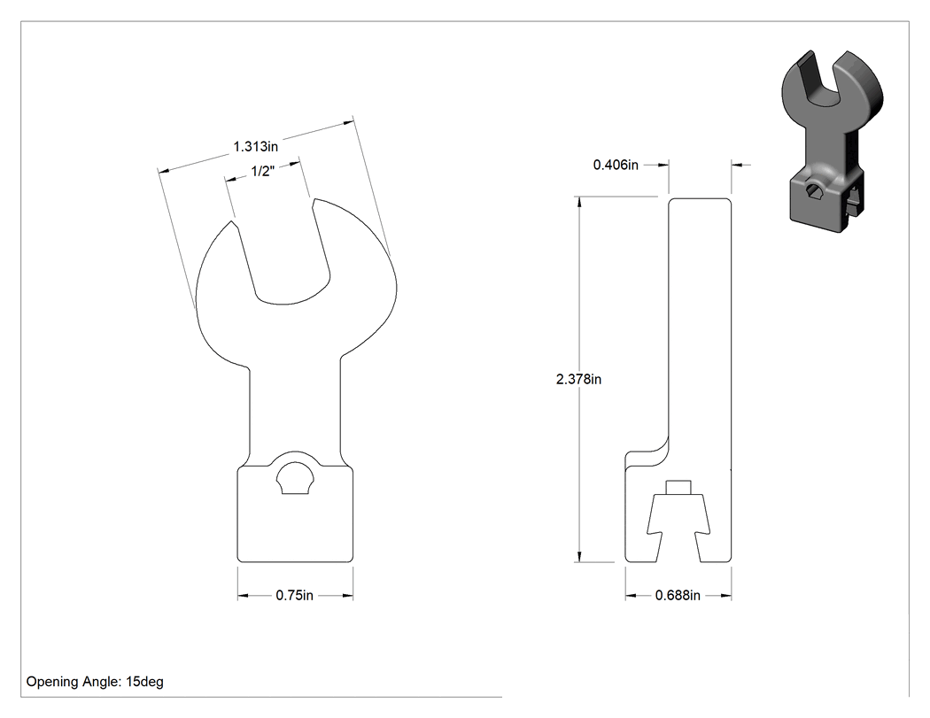 Teknik Çizim - Değiştirilebilir Başlı Tork Anahtarı için 1/2" Tahrik Boyutu Altıgen Açık Uçlu Baş